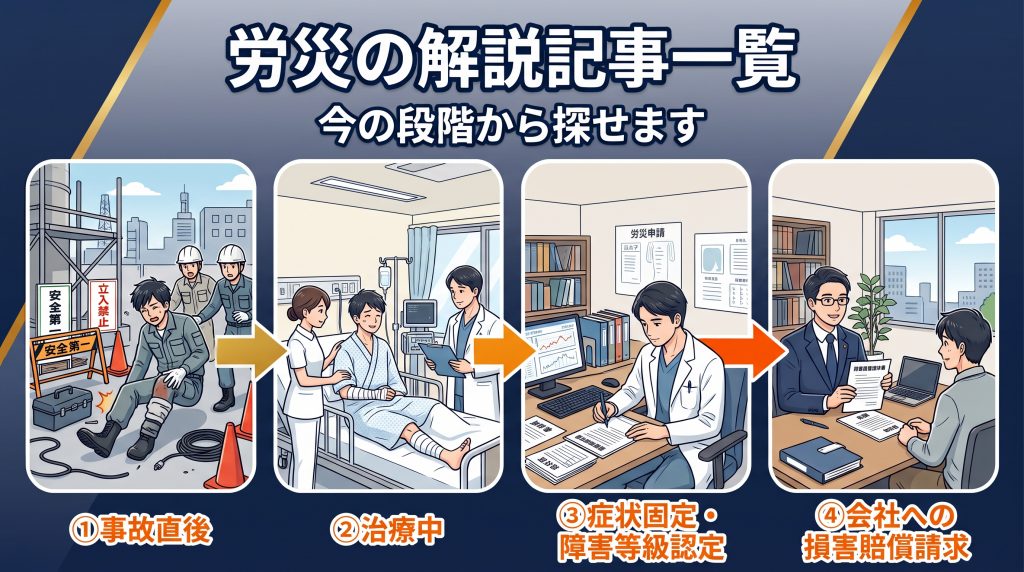 労災の解説記事一覧。事故直後・治療中・症状固定と障害等級認定・会社への損害賠償請求という4つの段階を左から順に示した図